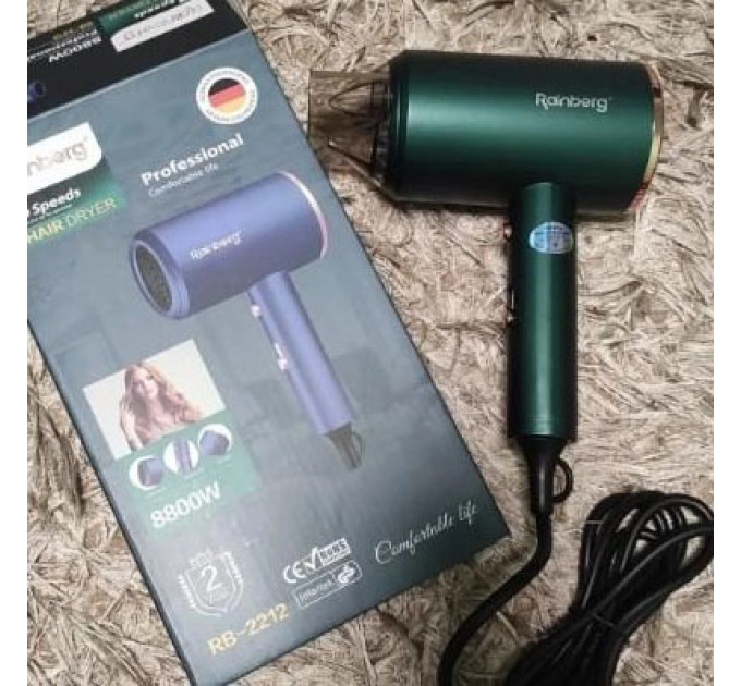 Фен Rainberg RB-2212 8800Вт з регуляцією температури та швидкості для сушіння та укладання волосся Green