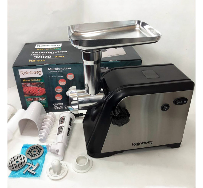 М'ясорубка Rainberg RB-672 3000W електрична з реверсом та соковижималкою, м'ясорубка електрична метал