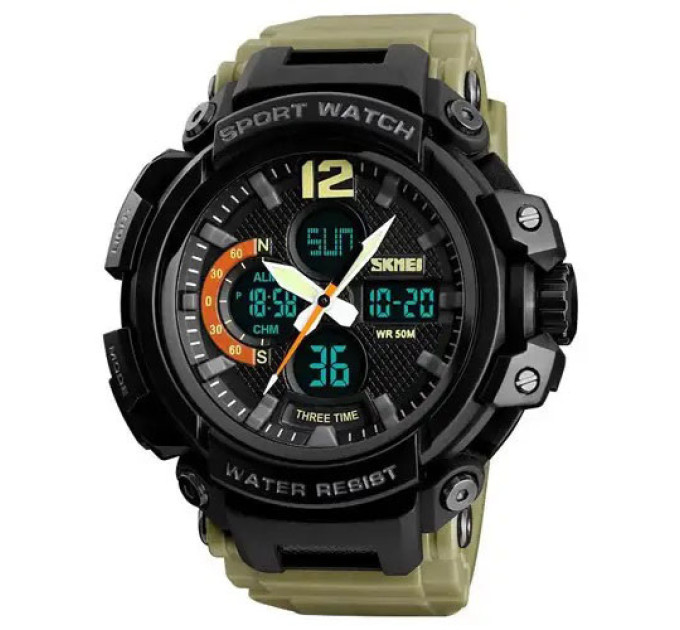 Часы наручные мужские SKMEI 1343KH KHAKI, водостойкие тактические часы. Цвет: хаки