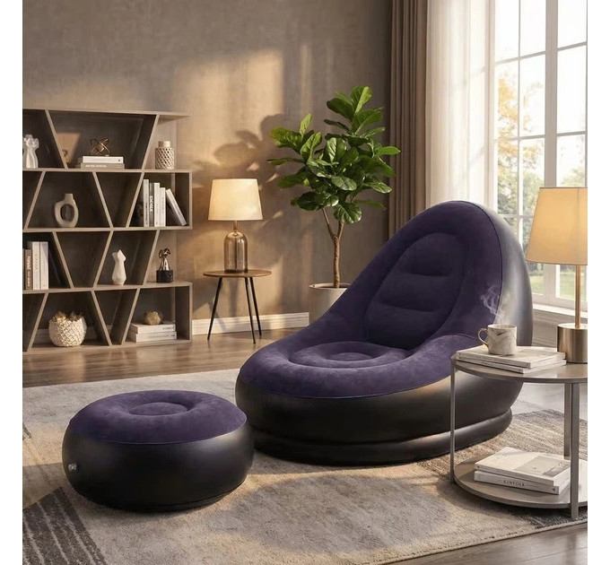 Надувное кресло с пуфом для отдыха AIR SOFA велюровое Purple
