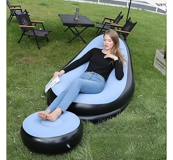 Надувное кресло с пуфом для отдыха AIR SOFA велюровое Blue