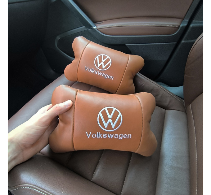 Набір подушок 2шт для автомобіля Volkswagen, з натуральної коричневої шкіри. Подушки на підголовник
