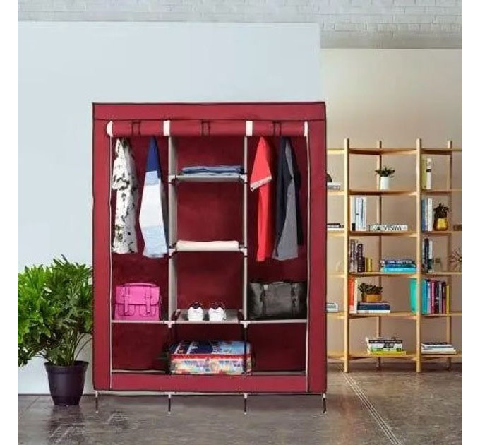 Шкаф тканевый 3 секции складной с каркасом STORAGE WARDROBE 175 х 130 х 45 см Red
