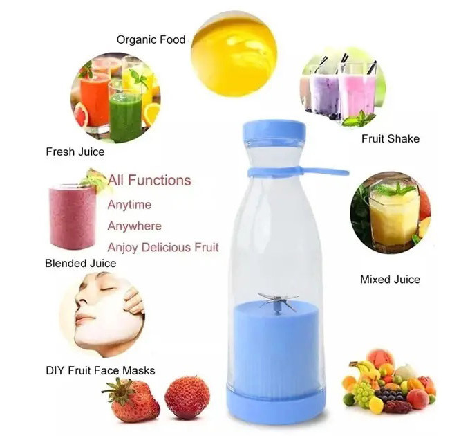 Портативный фитнес-блендер в виде бутылки на 420мл Juicer YC-02 миксер для смузи и коктейлей. Цвет: голубой