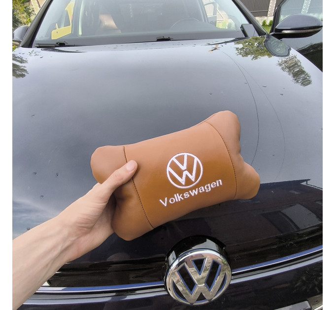 Набір подушок 2шт для автомобіля Volkswagen, з натуральної коричневої шкіри. Подушки на підголовник