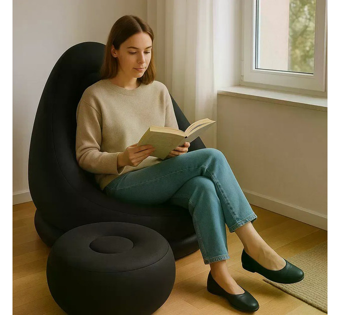 Надувное кресло с пуфом для отдыха AIR SOFA велюровое Black