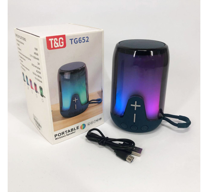 Акумуляторна переносна колонка TG652 5W з RGB підсвічуванням та ремінцем, блютуз колонка. Колір: синій