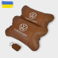Набор подушек 2шт для автомобиля Volkswagen из натуральной коричневой кожи. Подушки на подголовник
