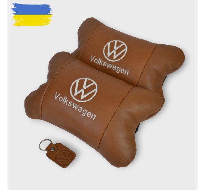 Набір подушок 2шт для автомобіля Volkswagen, з натуральної коричневої шкіри. Подушки на підголовник