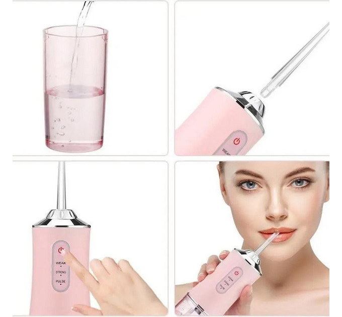 Іригатор для чищення зубів та порожнини рота Oral Irrigator з акумулятором та змінними насадками Pink
