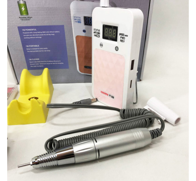 Портативний фрезер для нігтів Nail Drill YT-928 акумуляторний з індикатором заряду на 35 000 оборотів. Колір: білий