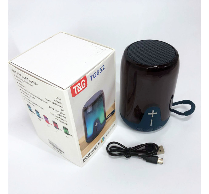 Акумуляторна переносна колонка TG652 5W з RGB підсвічуванням та ремінцем, блютуз колонка. Колір: синій