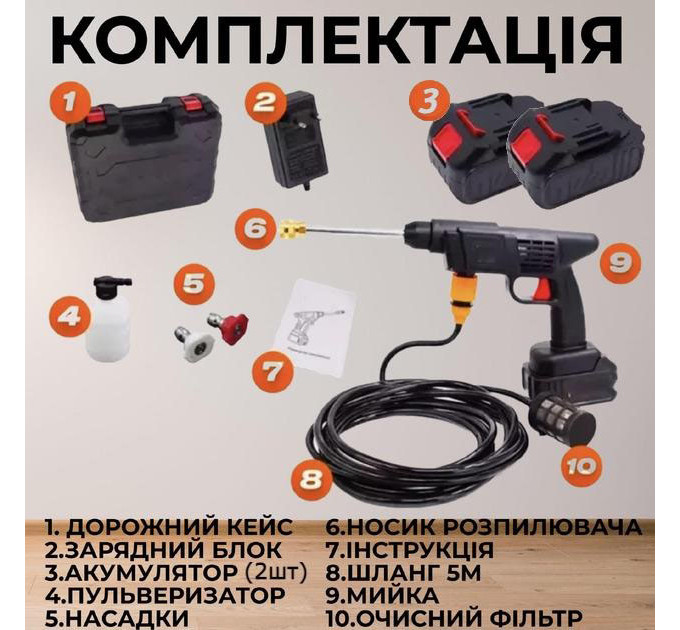 Акумуляторна Мийка з 2-ма АКБ Портативна Ручна Високого Тиску Універсальна
