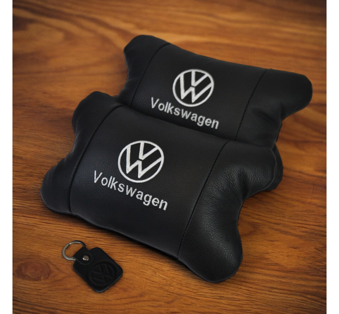 Набор подушек 2шт в авто Volkswagen из натуральной кожи, на подголовник в машину, Автомобильная подушка