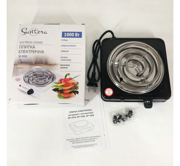 Плита электрическая Suntera SP-1910, электроплита 1000 w, электроплита 1 комфорка Black