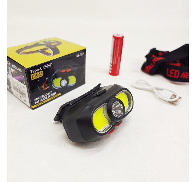 Фонарь налобный аккумуляторный KX-302-LED+2COB