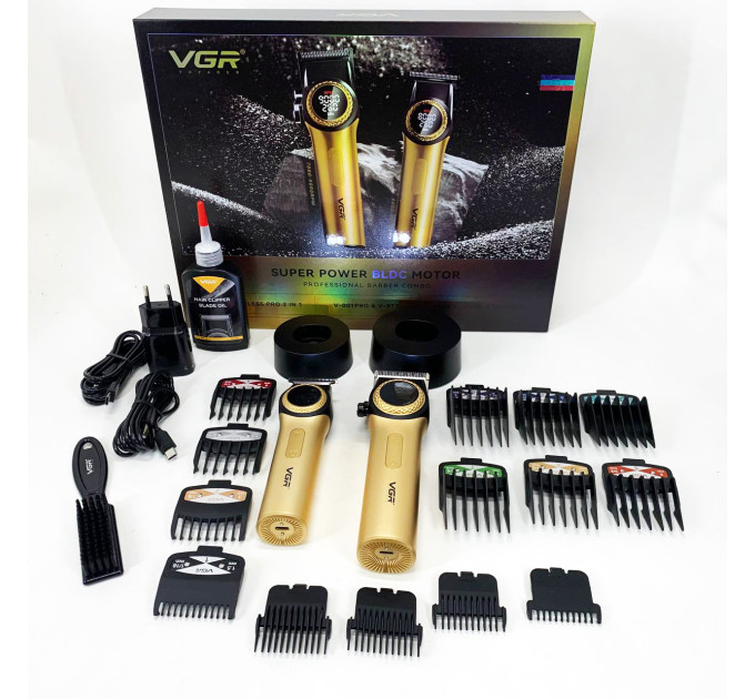 Набор VGR 2 в 1 V-001 V-977 GOLD, аккумуляторная машинка для стрижки и триммер. Цвет: золотой
