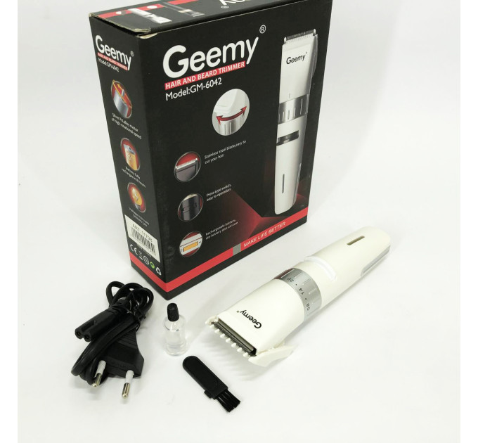 Аккумуляторная машинка для стрижки волос Gemei GM-6042, подстригательная машинка. Цвет: белый