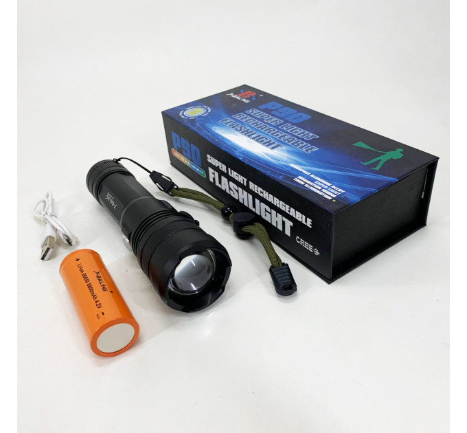 Ручной аккумуляторный светодиодный фонарь Police X-Balog BL-1827-P90 переносной с USB зарядкой оптическим зумом и металлическим корпусом + ремешок на руку