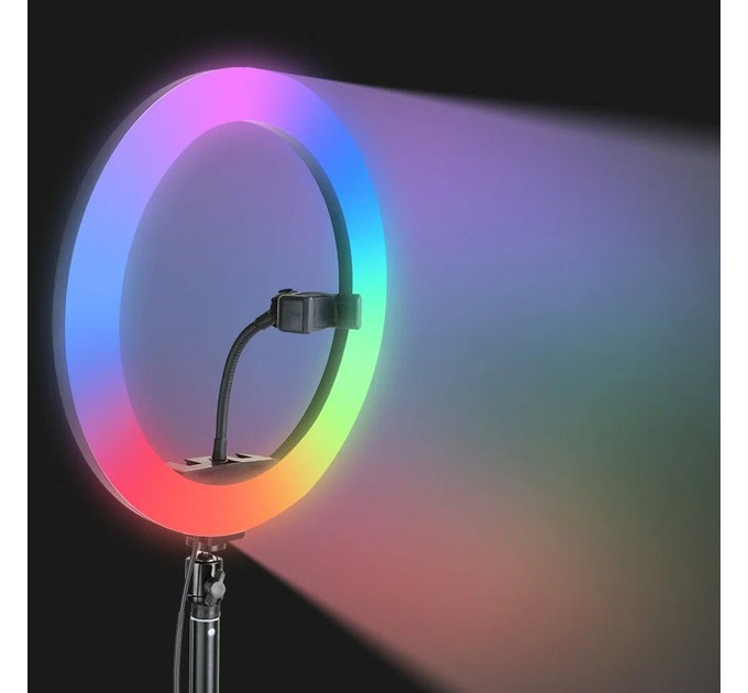 Кольцевая LED лампа RGB MJ45 Ring 45 см комплектация адаптер со встроенным кабелем, держатели для телефона, пульт