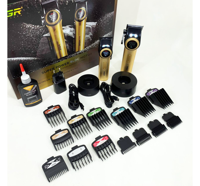 Набор VGR 2 в 1 V-001 V-977 GOLD, аккумуляторная машинка для стрижки и триммер. Цвет: золотой