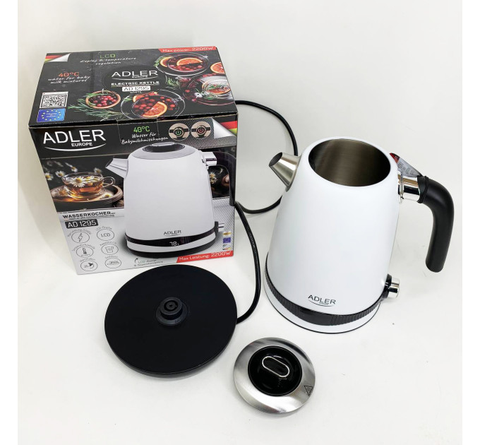 Чайник металевий Adler AD 1295w 1.7л 1850Вт електричний з терморегулятором 40-100 °С White