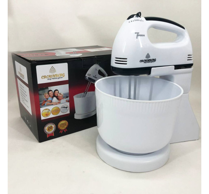Миксер Crownberg CB-7320 ручной с подставкой и емкостью 2л 300 Вт на 7 скоростей, кухонный тестомес