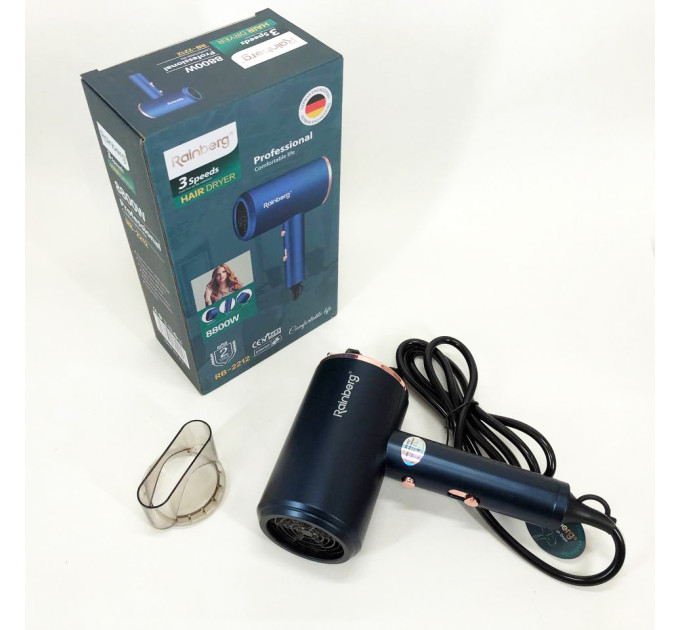Фен Rainberg RB-2212 8800Вт з регуляцією температури та швидкості для сушіння та укладання волосся Blue