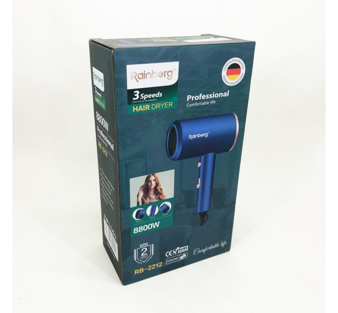 Фен Rainberg RB-2212 8800Вт з регуляцією температури та швидкості для сушіння та укладання волосся Blue