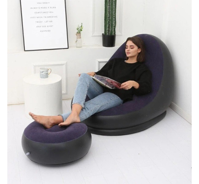 Надувное кресло с пуфом для отдыха AIR SOFA велюровое Purple