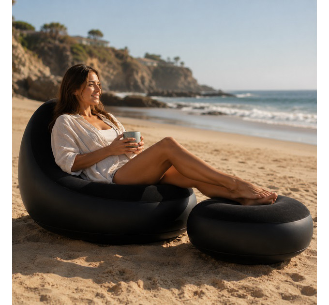 Надувное кресло с пуфом для отдыха AIR SOFA велюровое Black