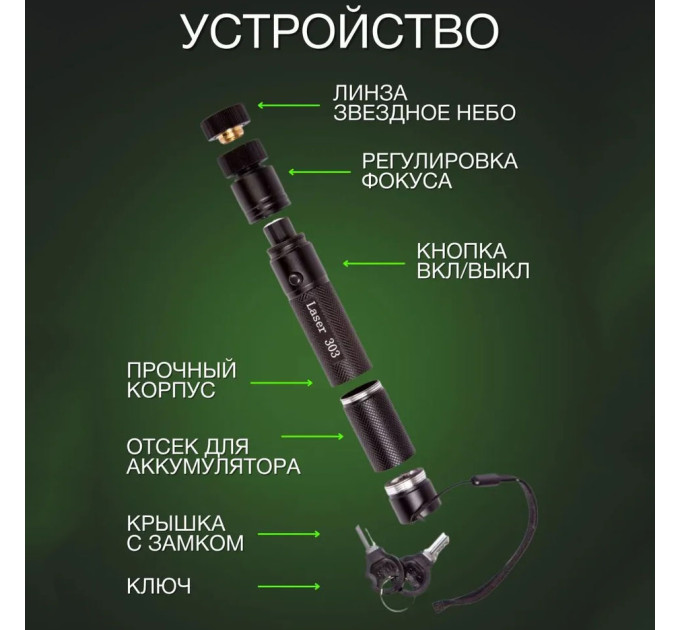 Лазерная указка Green Laser Pointer JD-303, Лазеры с зеленым лучем лазера, Лазерная указка брелок