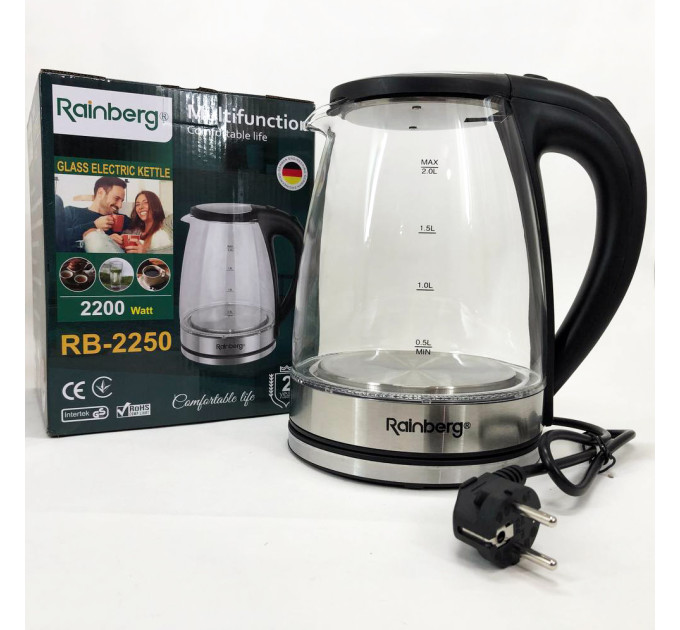 Электрический стеклянный чайник Rainberg RB-2250 с LED подсветкой 2200 Вт 1.8л, хороший электро чайник