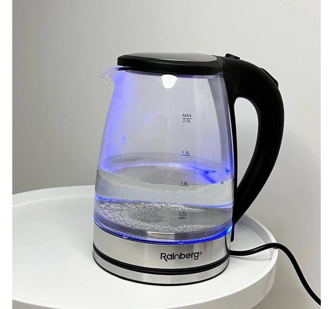 Электрический стеклянный чайник Rainberg RB-2250 с LED подсветкой 2200 Вт 1.8л, хороший электро чайник