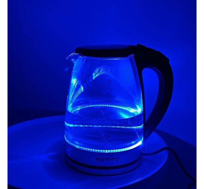Электрический стеклянный чайник Rainberg RB-2250 с LED подсветкой 2200 Вт 1.8л, хороший электро чайник