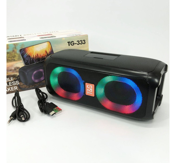 Портативная колонка TG333 2x5W с RGB подсветкой, громкая блютуз колонка. Цвет: черный