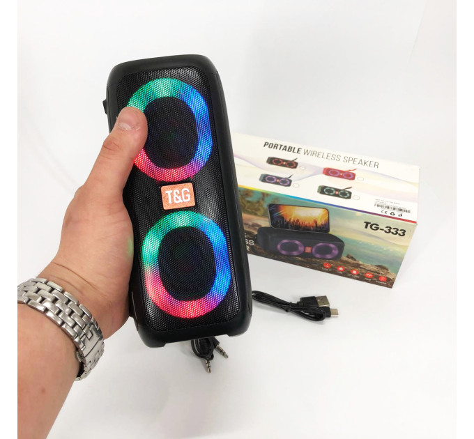 Портативная колонка TG333 2x5W с RGB подсветкой, громкая блютуз колонка. Цвет: черный