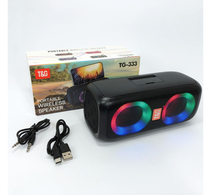 Портативная колонка TG333 2x5W с RGB подсветкой, громкая блютуз колонка. Цвет: черный