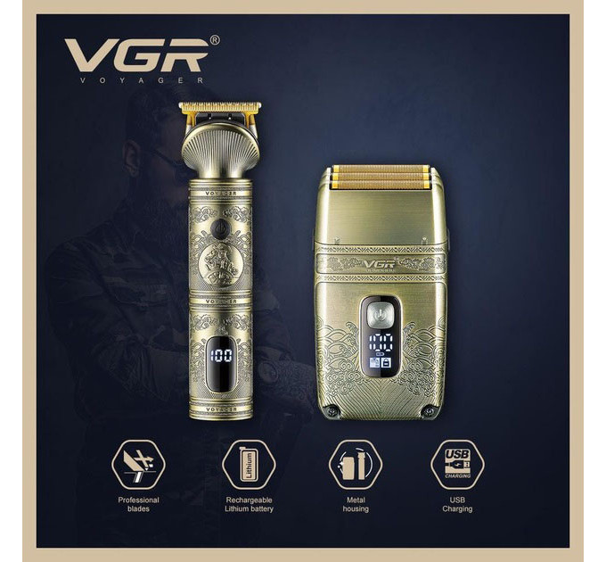 Провідний професійний набір машинка для стрижки та шейвер VGR V-649, Чоловічий акумуляторний тример