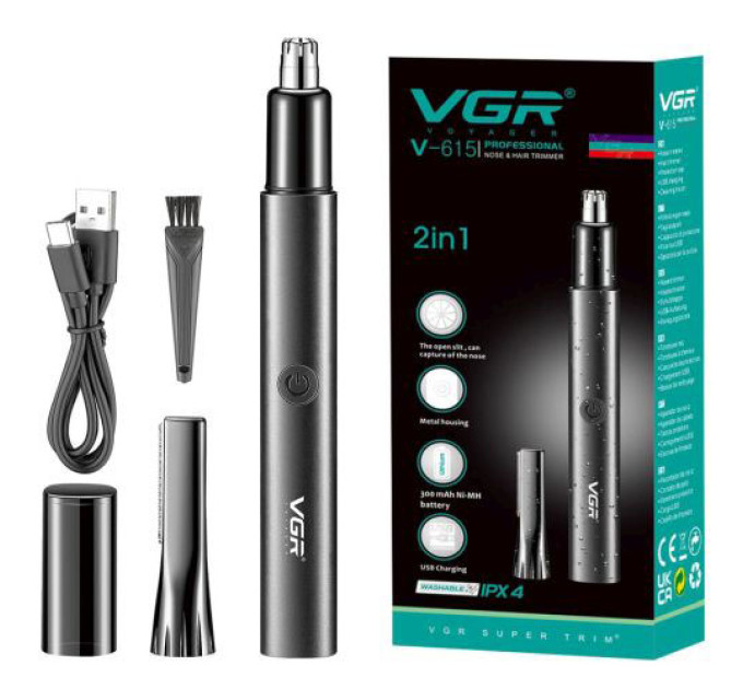 Тример для носа та вух VGR V-615, Тример для вусів, Електробритва з насадками для бороди