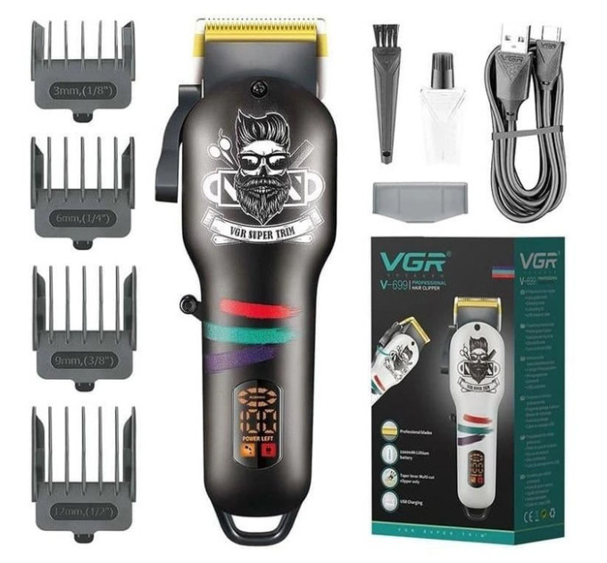 Машинка для стрижки волосся та бороди професійна VGR V-699 з насадками та LED дисплеєм. Колір: чорний