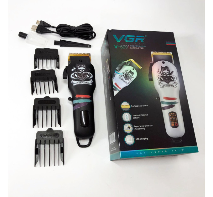 Машинка для стрижки волосся та бороди професійна VGR V-699 з насадками та LED дисплеєм. Колір: чорний