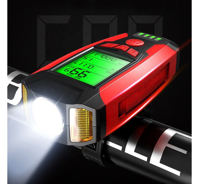 Велофара с компьютером и сигналом AS0808-XPG+2LED(yellow)+2COB(red), выносная кнопка