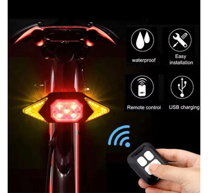 Велофонарь LY-6700 с указанием поворотов (red+yellow+blue), waterproof, Мигающий велофонарь