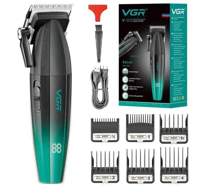 Машинка для стрижки волос аккумуляторная Professional Turbo с разными насадками VGR V-003. Цвет: зеленый