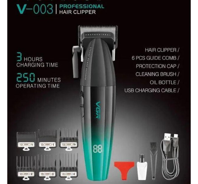 Машинка для стрижки волос аккумуляторная Professional Turbo с разными насадками VGR V-003. Цвет: зеленый