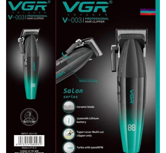 Машинка для стрижки волос аккумуляторная Professional Turbo с разными насадками VGR V-003. Цвет: зеленый