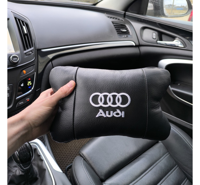 Автомобильная подушка для подголовника Audi – черная натуральная кожа