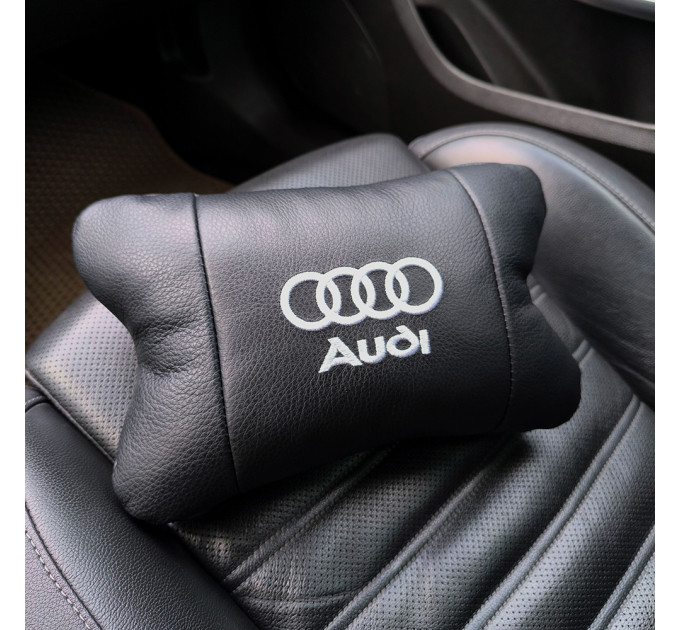 Автомобильная подушка для подголовника Audi – черная натуральная кожа