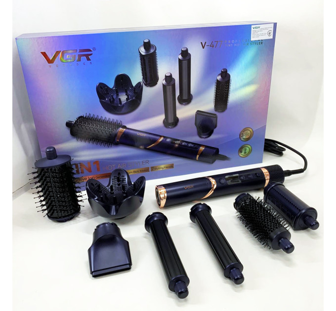 Фен-стайлер для волос 7в1 VGR V-477 DARK Blue Professional 1400 Вт 7 насадок
